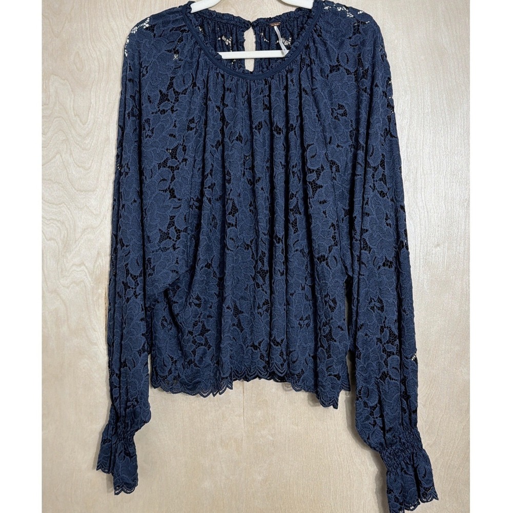 Free People Olivia Navy Blue Floral Lace Smocked Cuff Blouse Top XL